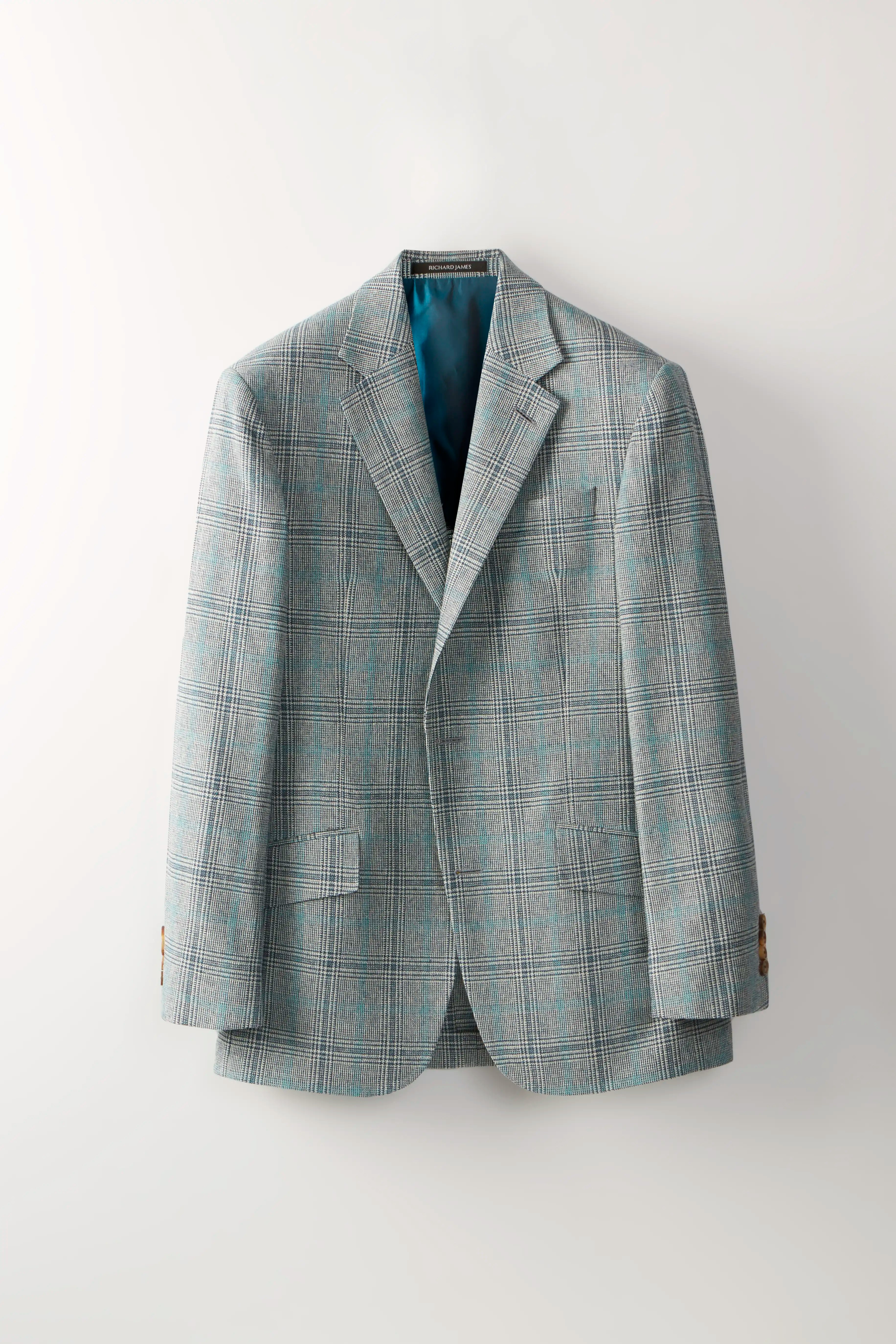 Chapman Blazer – Teal Wool Silk & Linen Check