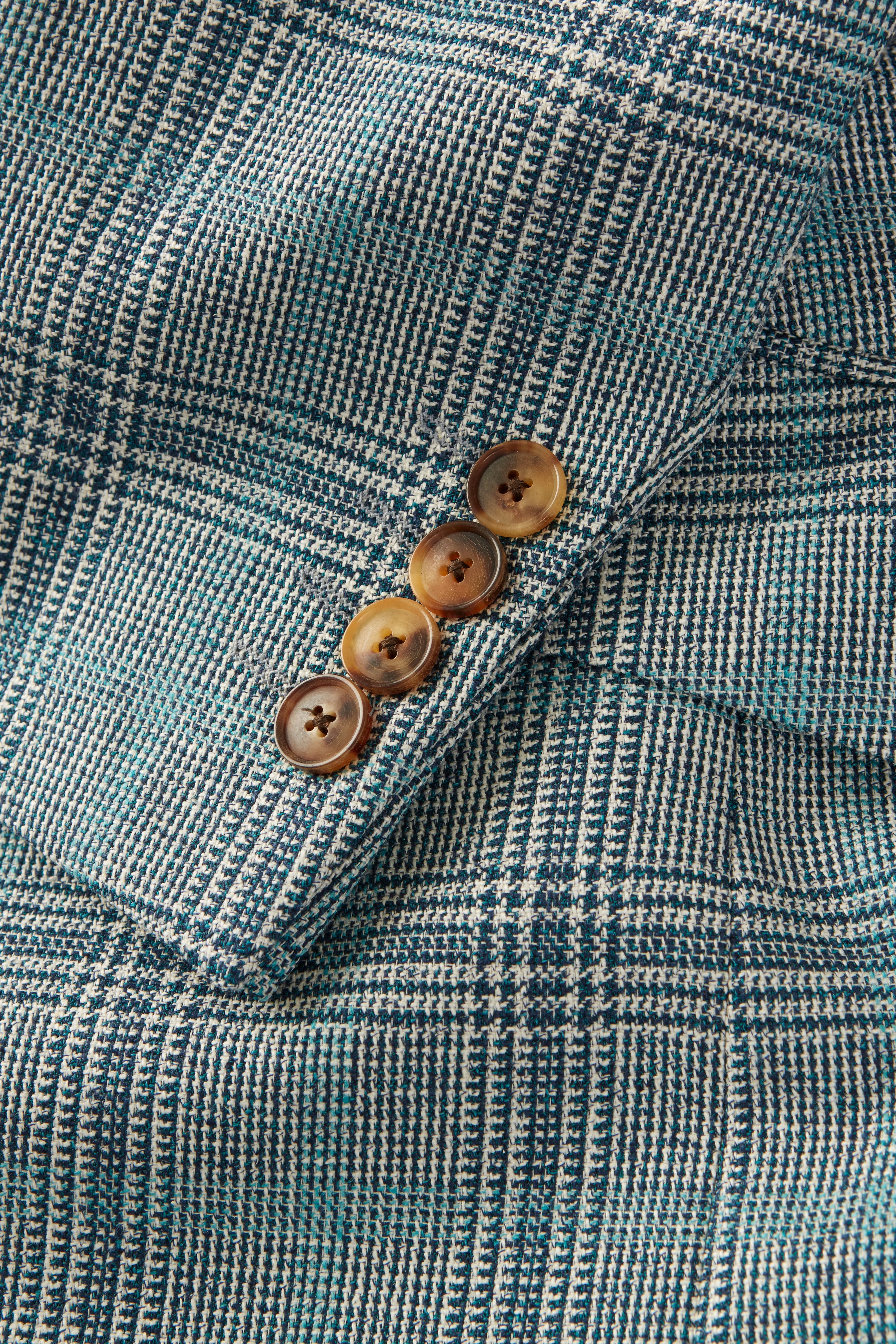 Chapman Blazer – Teal Wool Silk & Linen Check