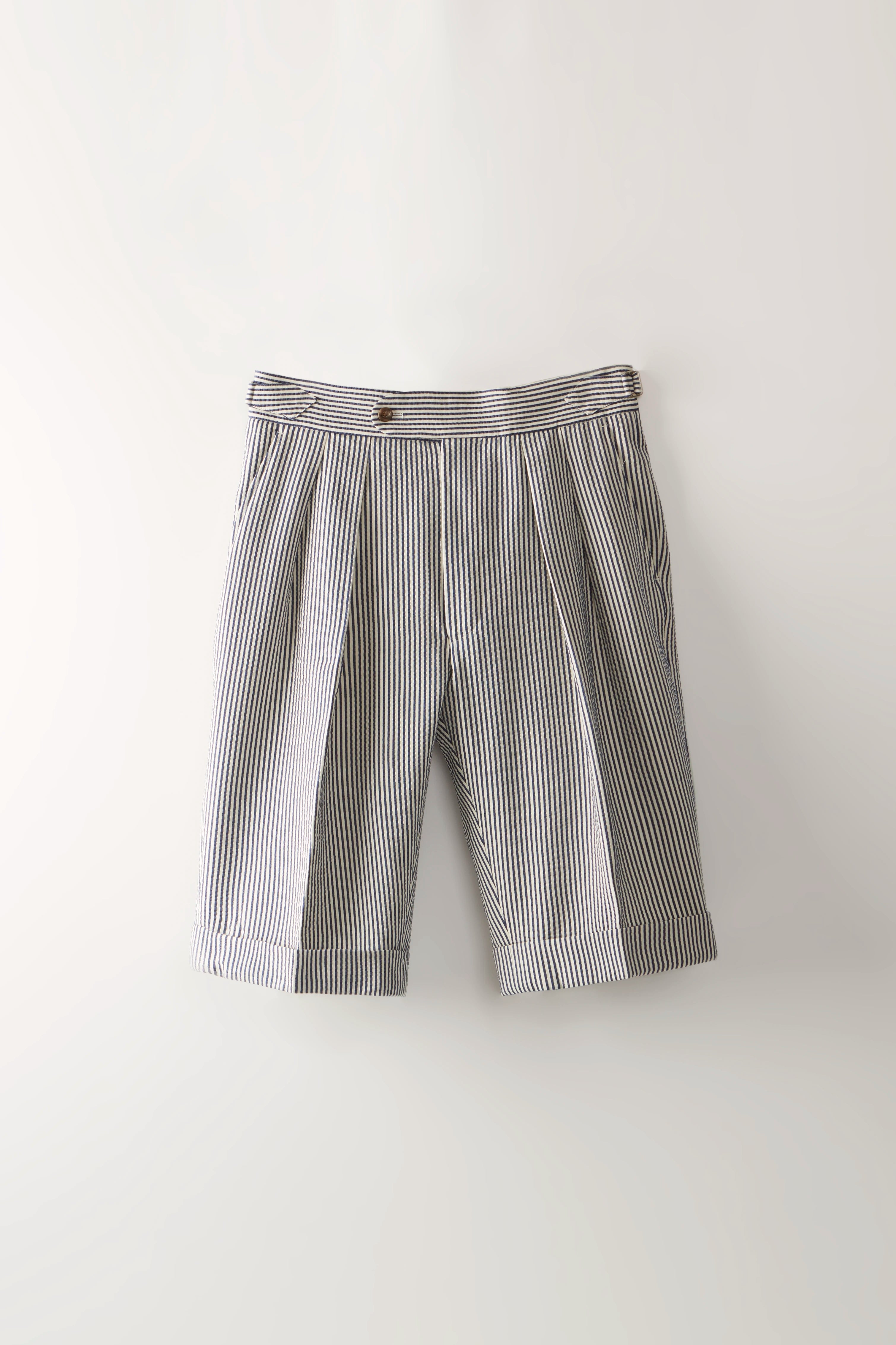 Pleated Shorts – Navy Stripe Seersucker